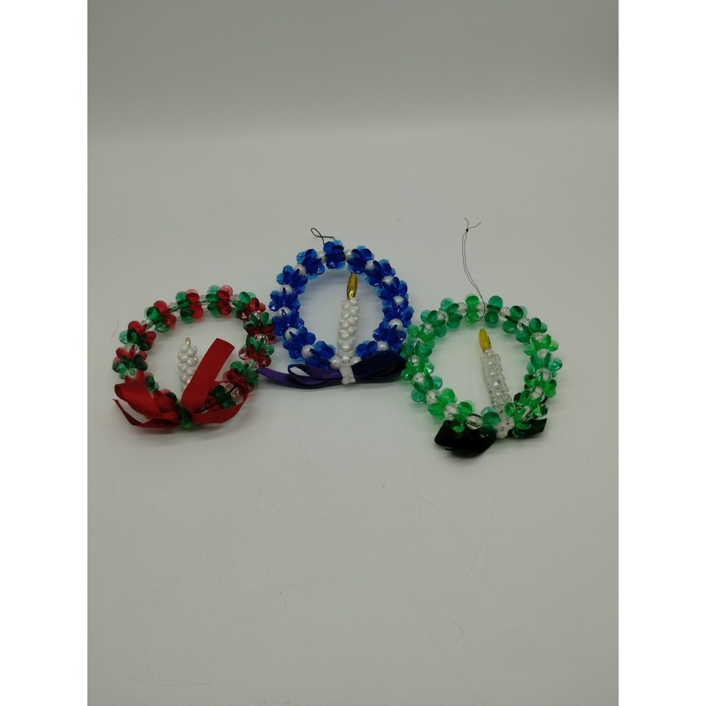 Set Of 3 Vintage Beaded Christmas Ornaments Wreaths With Candles MCM  3.5" Tall